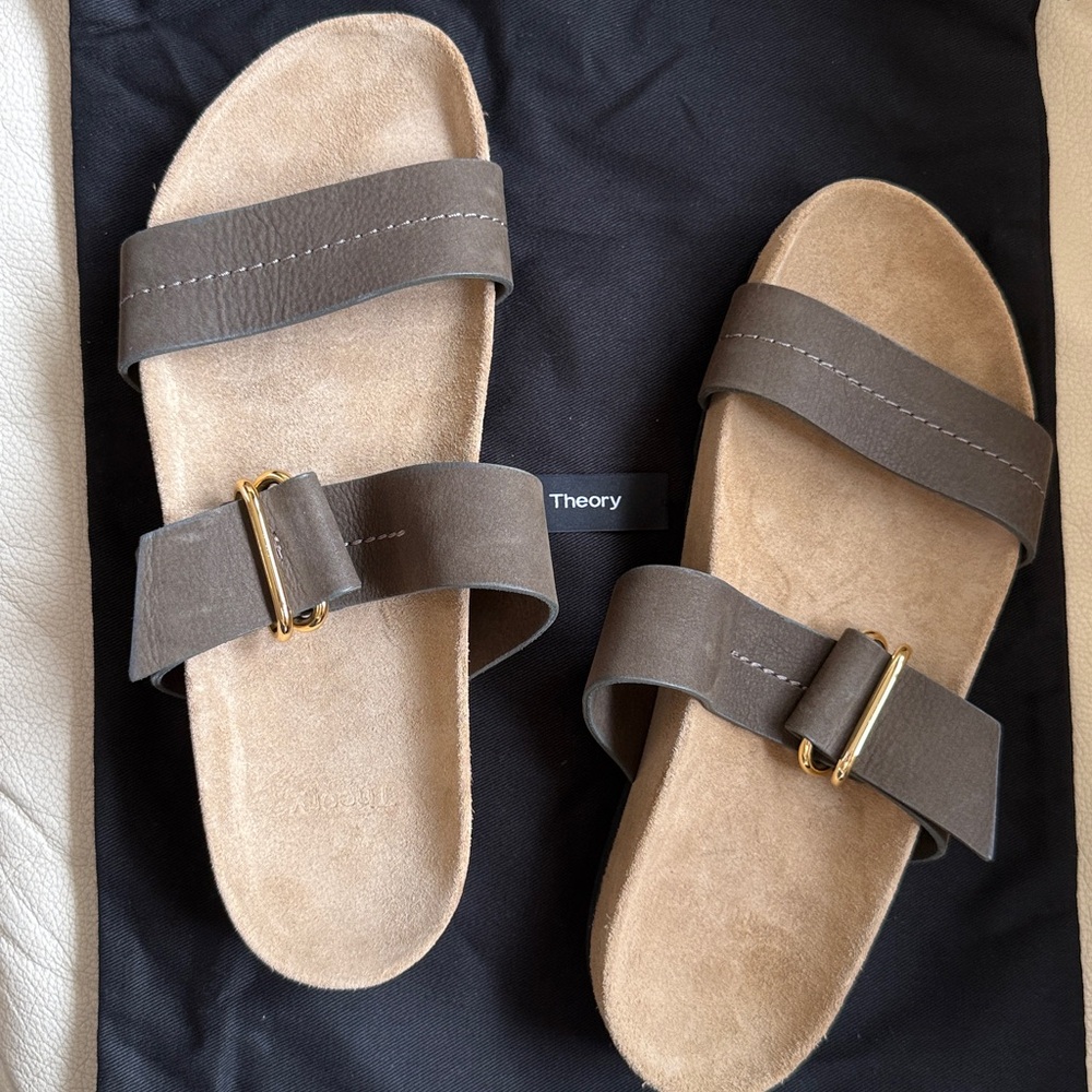 Brand new Theory dark moss slide sandals with gold accent